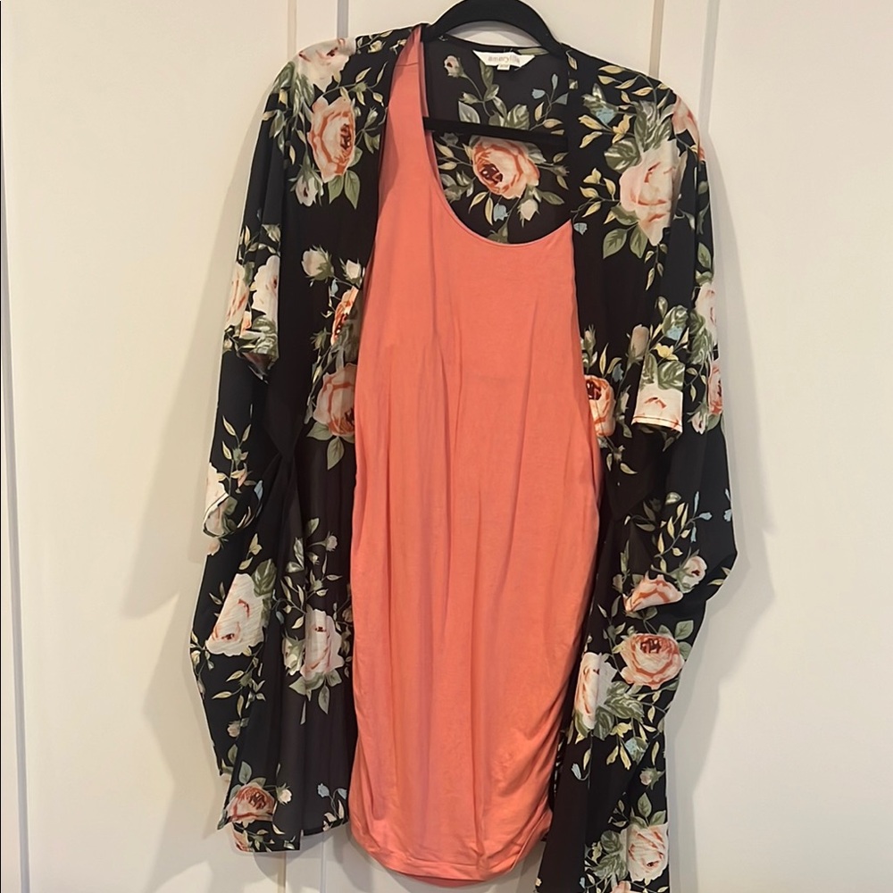 Isabella Oliver body on Maternity dress with coordinating floral kimono.